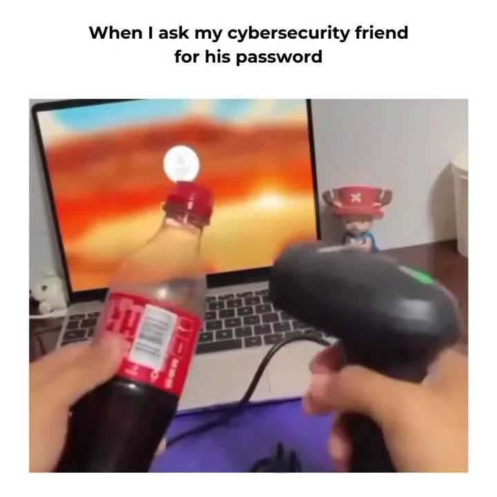 cybersecurity password joke with barcode scanner and soda bottle