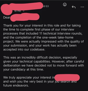 Rejected from a job despite completing 11 technical interview rounds