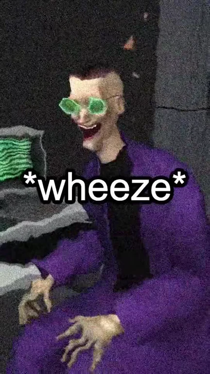 Joker laughing meme with green sunglasses and wheeze text overlay