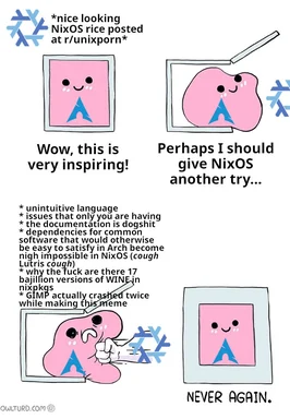 NixOS meme with pink blob character expressing frustration