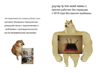 Doge reaction meme comparing home and corporate network setup