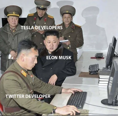 Image of Elon Musk and men in military uniforms labeled Tesla Developers looking at a man labeled Twitter Developer typing on a computer.