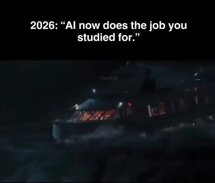 a dark ship on a stormy sea with the text '2026: AI now does the job you studied for.'