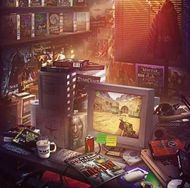 Retro computer desk with a CRT monitor running a first-person shooter, a beige PC tower, an 'I love my computer' mug, a soda