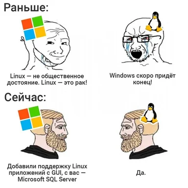 Мем «Раньше/Сейчас»: сверху Windows-лого на спокойном лице и плачущий пингвин Linux, снизу те же персонажи после того, как в