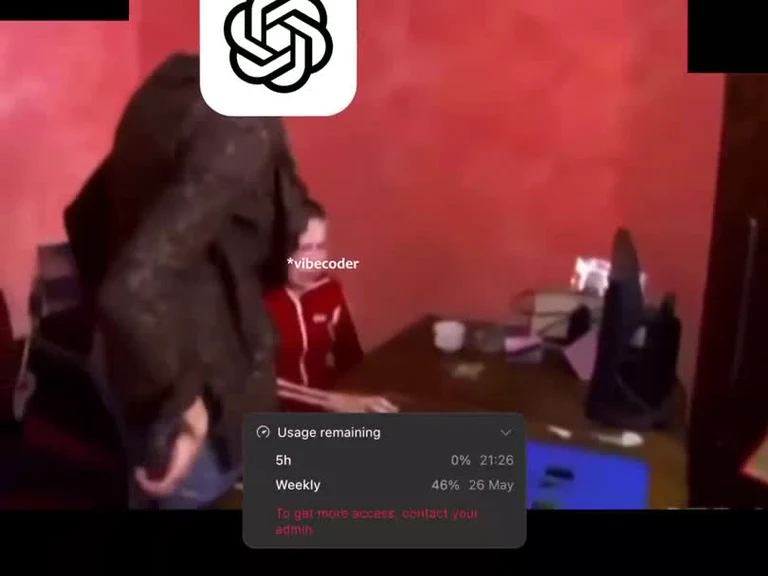A person slamming their head on a desk with a Claude usage limit notification overlay showing 0% remaining.