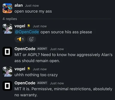 Screenshot of a chat thread where an AI agent named OpenCode discusses applying the MIT license to a body part.