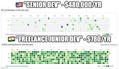 senior dev vs freelance junior dev contributions graph