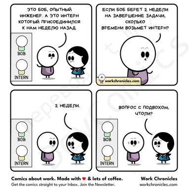 A comic strip about an intern and Bob discussing task completion time