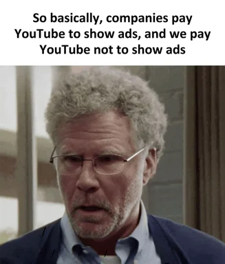 Confused man looking at camera with text about YouTube ads
