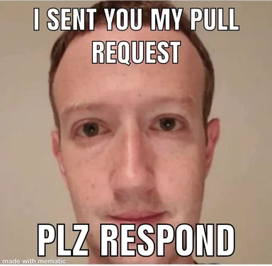 meme image of man with a pleading expression and text 'I SENT YOU MY PULL REQUEST PLZ RESPOND'
