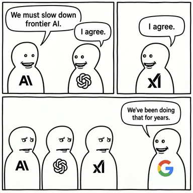 Three-panel comic: an AI character says 'We must slow down frontier AI,' an OpenAI-logo character and an Anthropic-logo