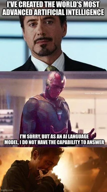 Robert Downey Jr. as Tony Stark and Ultron in a humorous exchange about advanced AI