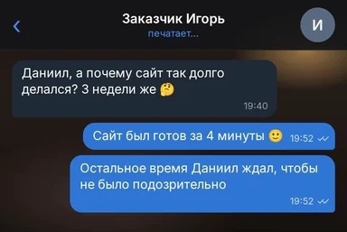 Скриншот переписки с заказчиком: разработчик шутит, что сайт был готов за 4 минуты, а остальное время ждали, чтобы не было