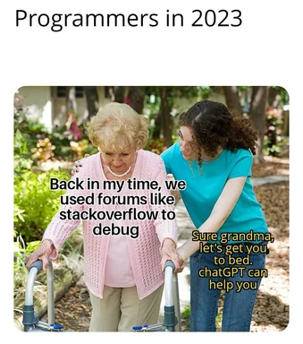 a woman helps an elderly woman with a walker, with text about stackoverflow and chatGPT