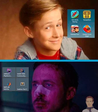 a meme contrasting a boy with gaming apps and a stressed developer with coding software