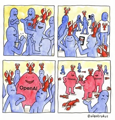 Cartoon depicting people with lobsters on their heads, one group labeled OpenAI