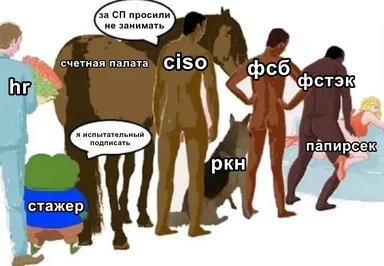 Мем: стажер (стажёр) стоит перед огромными фигурами CISO, ФСБ, ФСТЭК, РКН, Счётной палаты и HR с цветами — иерархия власти в
