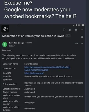 Google moderates synched bookmarks notification with a shocked expression