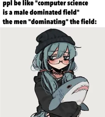 Cartoon character with blue hair and a shark toy, representing a joke about gender in computer science