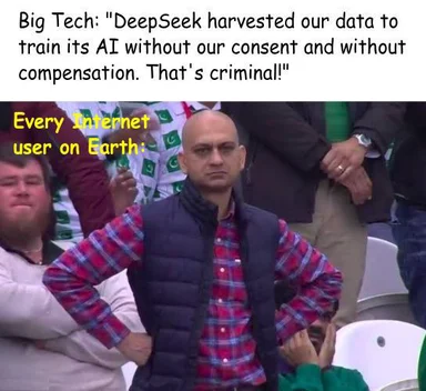 a man standing with hands on hips looking guilty with text about big tech and ai data harvesting