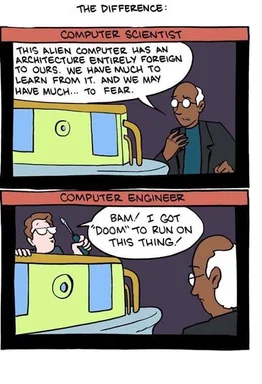 Comic strip comparing computer scientist and computer engineer reactions to an alien computer
