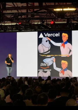 Scooby-Doo meme with Vercel and AWS logos on stage presentation