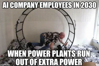 Man running on an exercise wheel surrounded by trash, representing AI company employees in 2030 when power plants run out of extra power