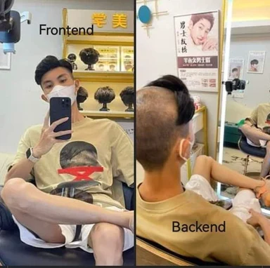 A split image showing a man with a stylish haircut labeled Frontend and a shaved back labeled Backend.