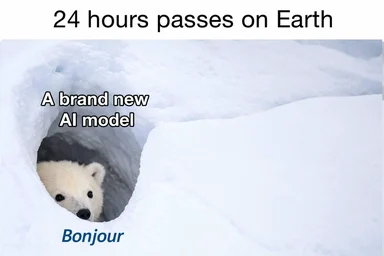 Polar bear cub peeking out of a snow hole, labeled a brand new AI model that only says Bonjour