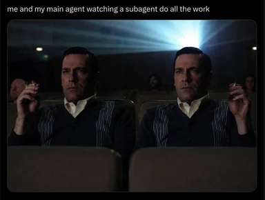 Two men sitting in a cinema watching a movie, representing a developer and their main AI agent observing a subagent performing tasks.