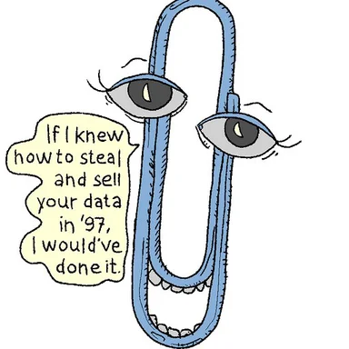 clip art of a blue paperclip with eyes and a mouth saying if I knew how to steal and sell your data in '97 I would've done it