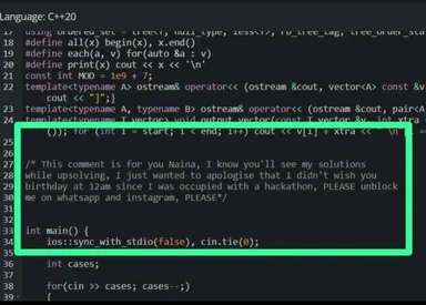 code snippet with comment about missing birthday wish due to hackathon
