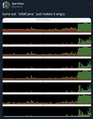a graph of CPU history with a caption 'turns out killall java just makes it angry'
