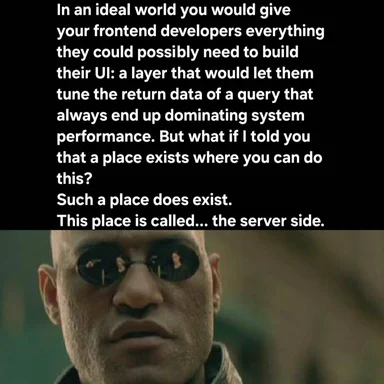 Neo from The Matrix with a caption about server side development