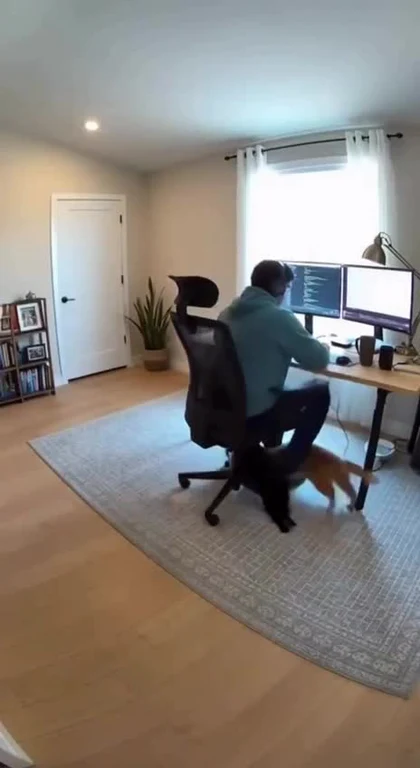 Man working from home with dog under desk
