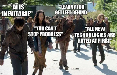zombies walking down a street with text about AI inevitability