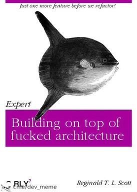 a black and white image of a sunfish with a magenta text box reading 'Building on top of fucked architecture'
