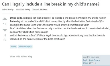 Stack Overflow question about including a line break in a child's name