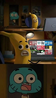 The Amazing World of Gumball meme with a banana and a blue cat looking at a laptop with various programming courses on the screen