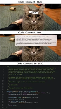 Meme showing a cat with labels 'Code Comment Then', 'Code Comment Now', and 'Code Comment in 2030' featuring increasingly verbose and dramatic text.