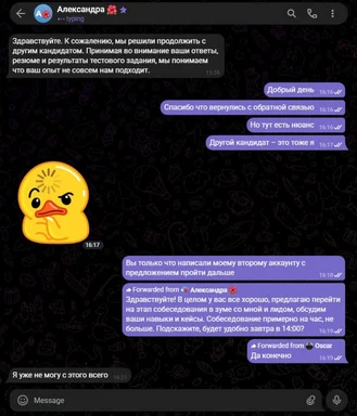 Скриншот переписки в Telegram: рекрутер отказывает кандидату, а тот отвечает, что «другой кандидат» — это он сам со второго