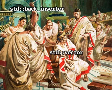 Illustration of Roman senators stabbing Julius Caesar, with text labels identifying the attackers as std::back_inserter and the victim as std::vector.