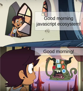 Cartoon girl greets JavaScript ecosystem monster