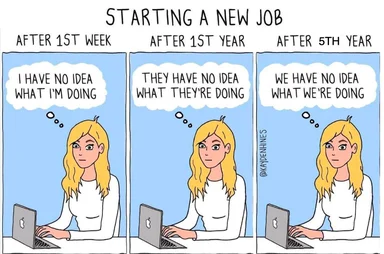 Cartoon woman at a desk with a laptop, looking confused at work
