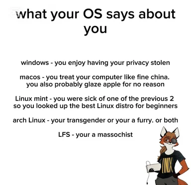 cartoon fox with text about OS stereotypes