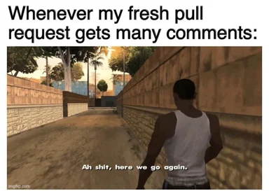 a man in a white tank top walking down a street with the text 'Ah shit, here we go again'
