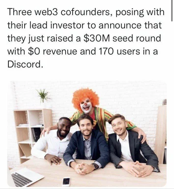 Three web3 cofounders and a clown posing for a photo