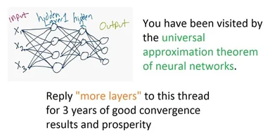 neural network diagram with text 'You have been visited by the universal approximation theorem of neural networks. Reply more layers'