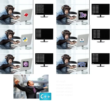 monkey installing software on laptop with various package managers